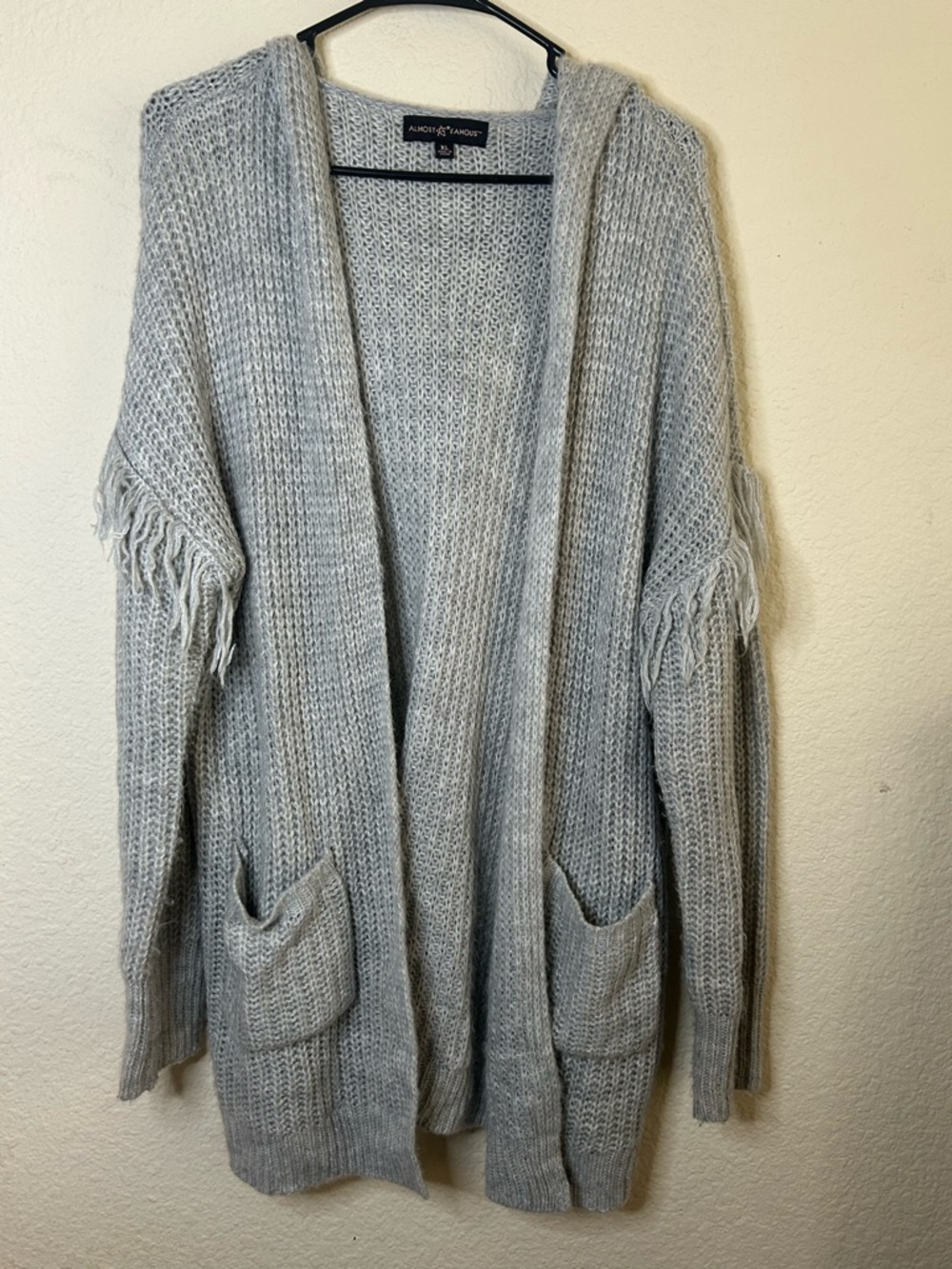 Almost Famous Grey Long Hooded Cardigan Fringe Detail. Size XL Knitwear